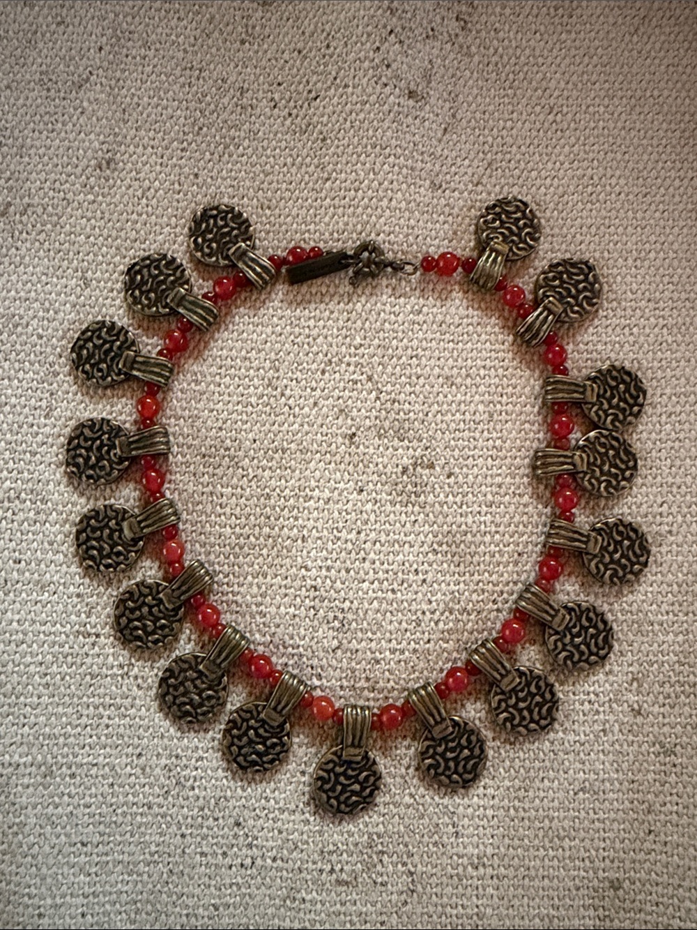 Etro Red Beaded Coin Charm choker Necklace